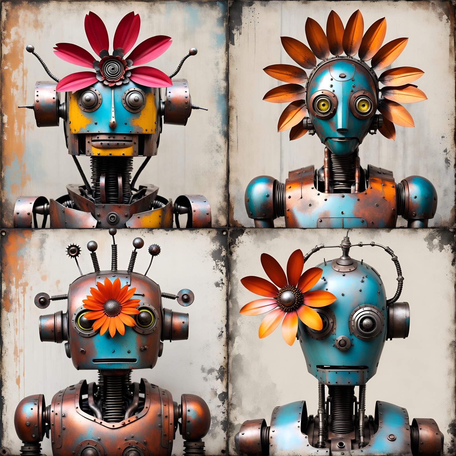 Robot Portrait with Metal Flower in Grunge Style