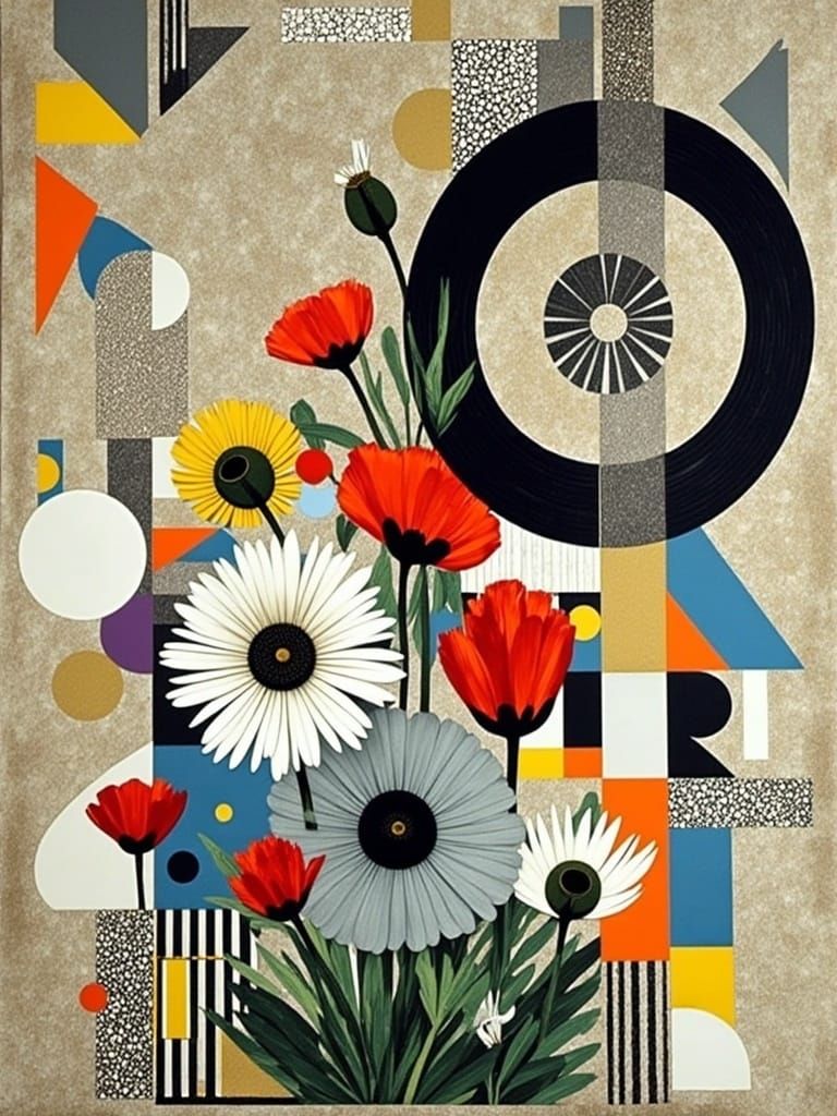 Vibrant Poppy Blooms Amidst Dadaist Collage Chaos