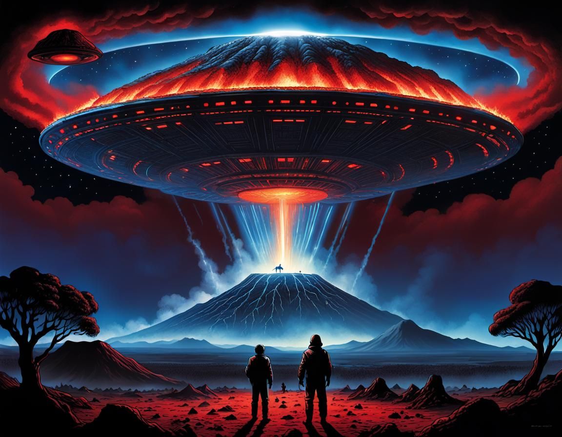 UFO Landing Over Volcano in Comic Book Style