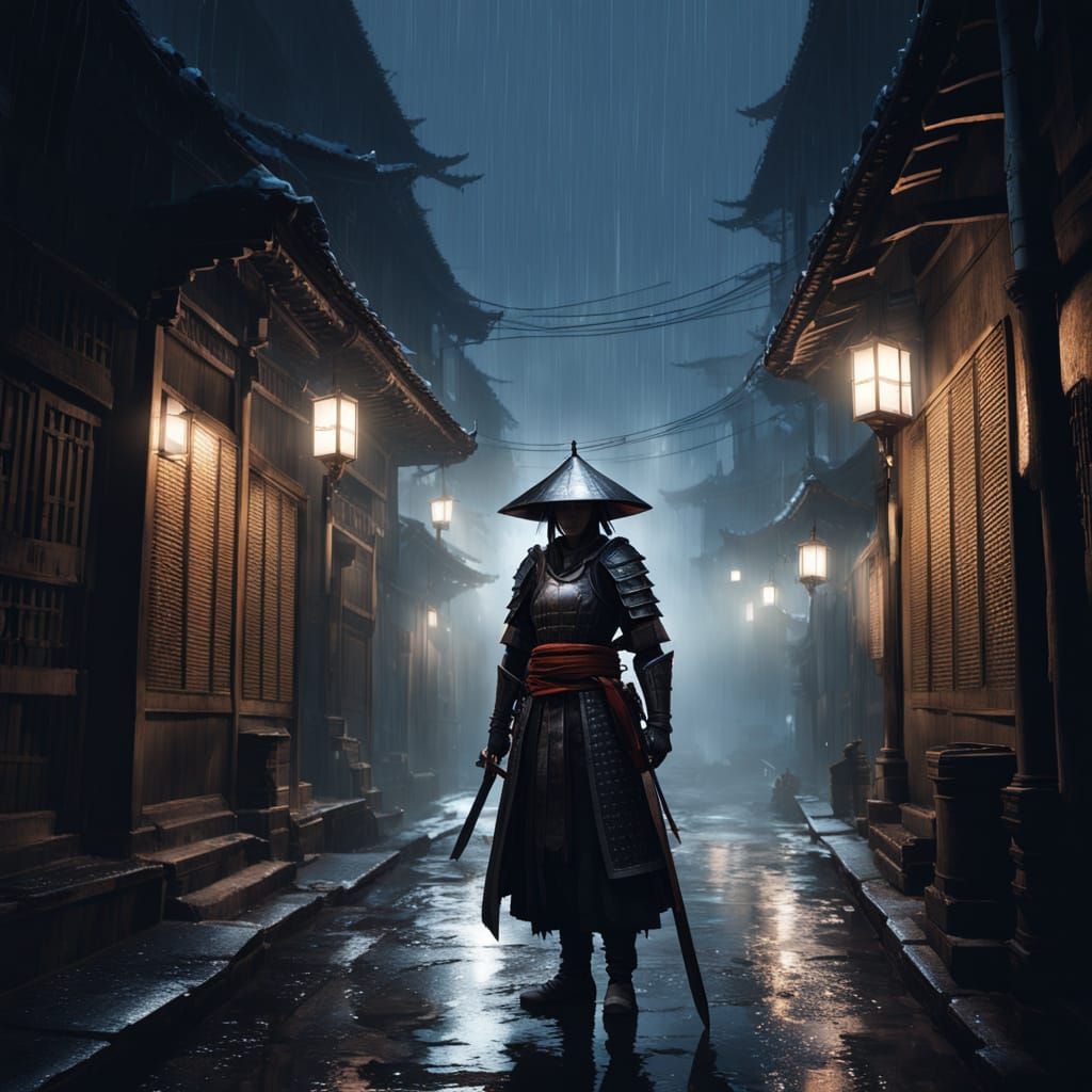 Samurai Warrior Woman in Moonlit Alleyway