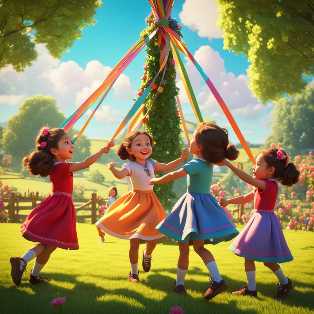 Maypole Dance in English Countryside: 3D Digital Art