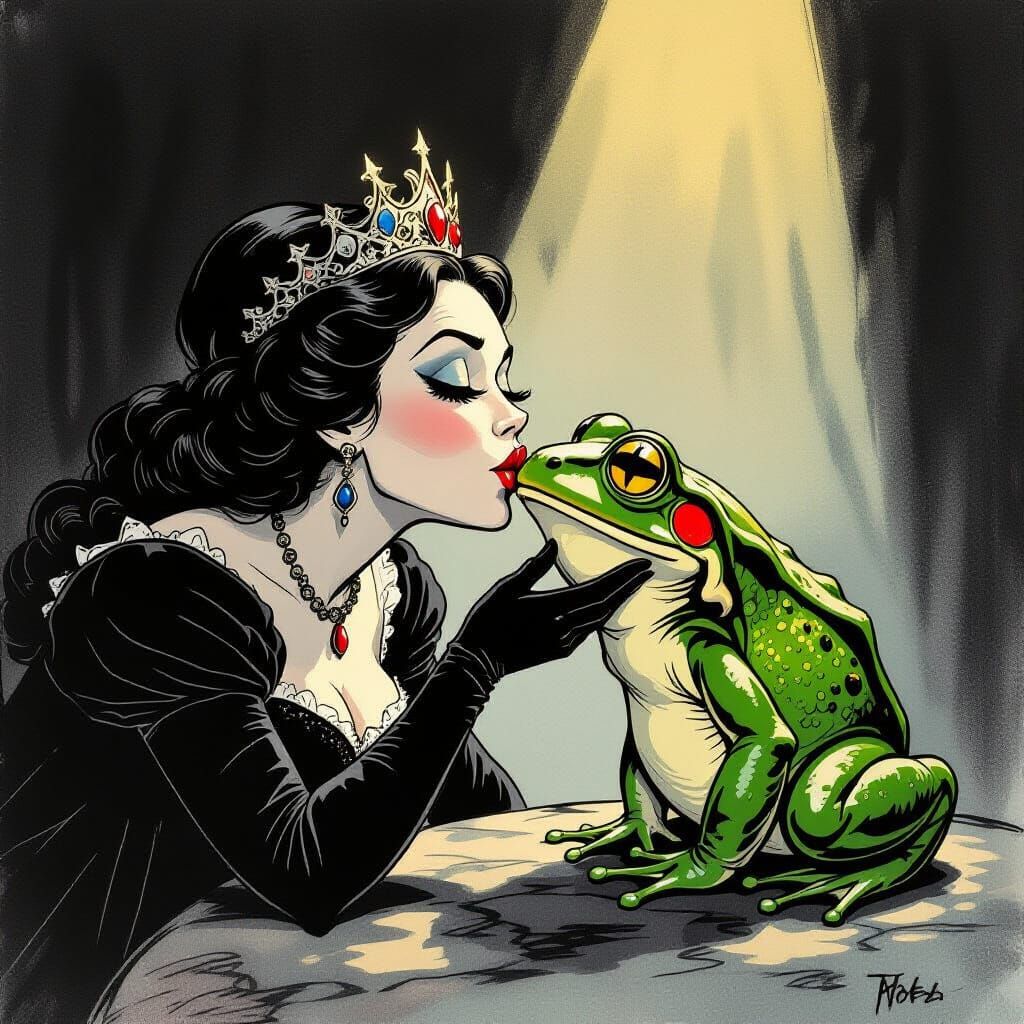 Gothic Fairy Tale Queen Grimaces Kissing Frog