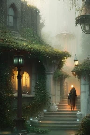 Foggy Lamp Lit Stairs