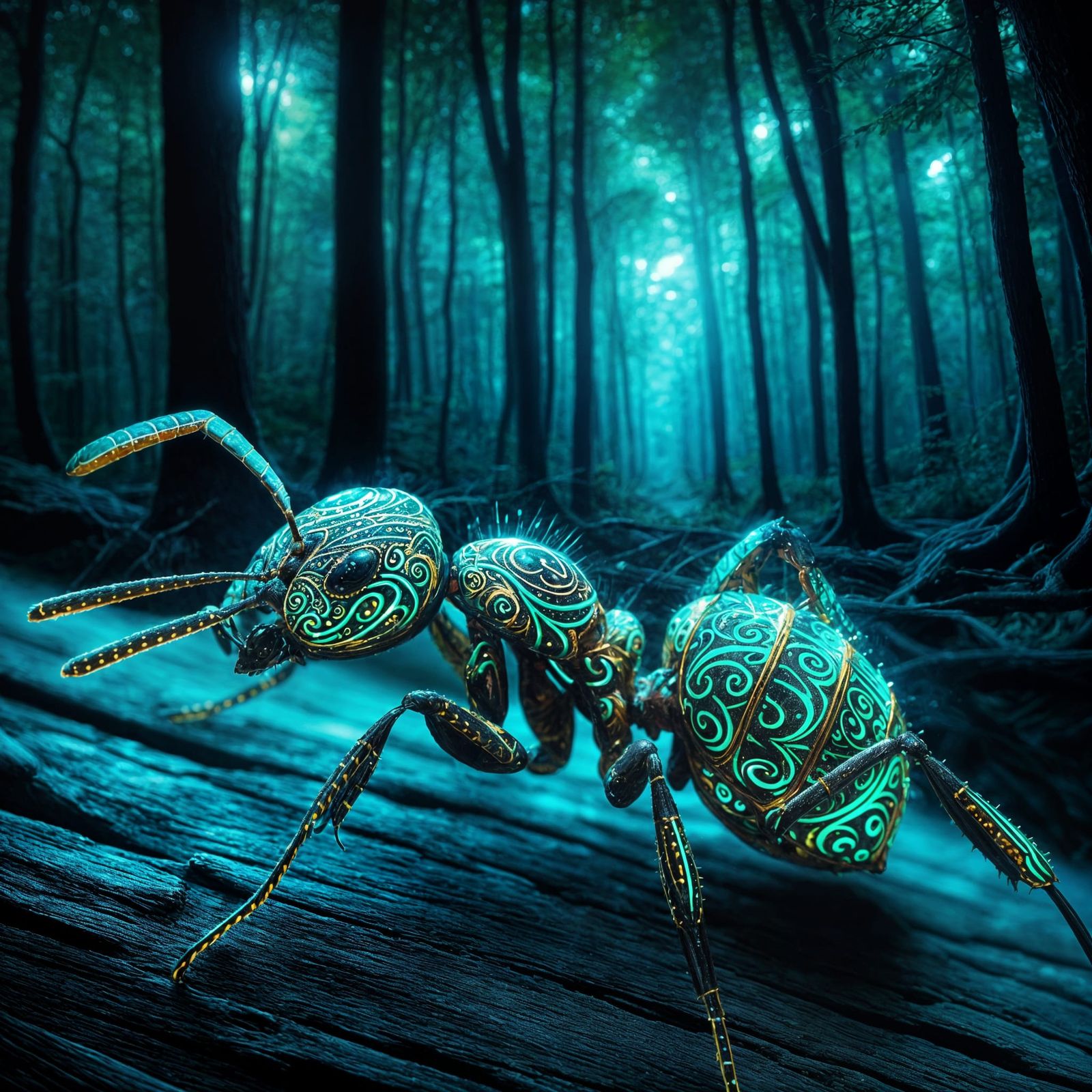 Bioluminescent Tribal Ant in Dark Forest