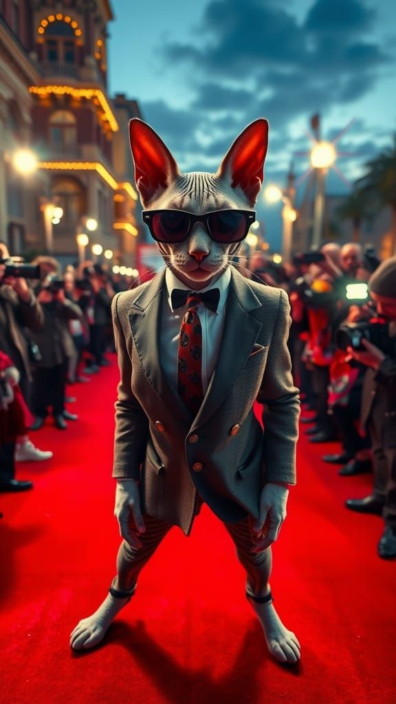 Trendy Sphynx Cat Posing on Red Carpet in Hyperrealism