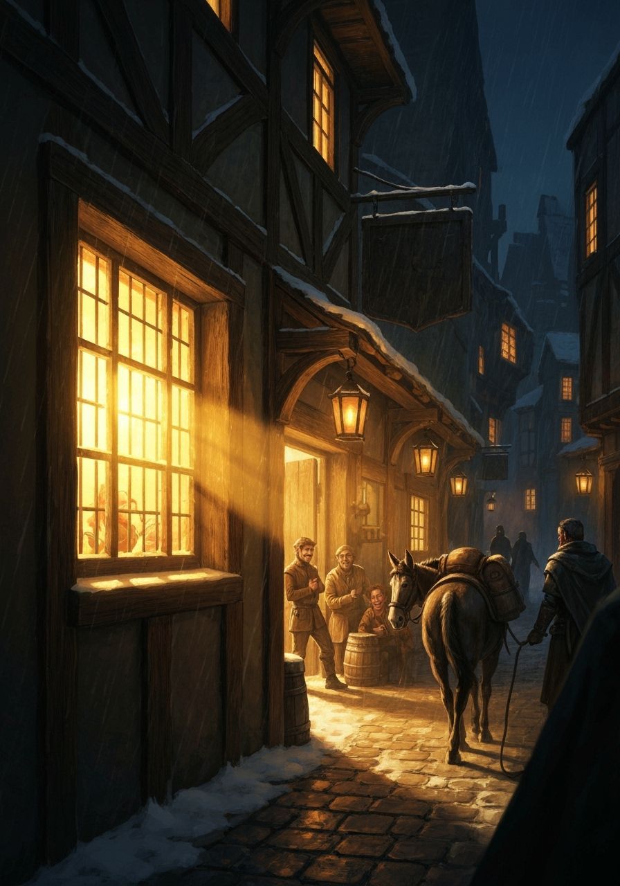 Grimdark Fantasy Tavern on Snowy Night