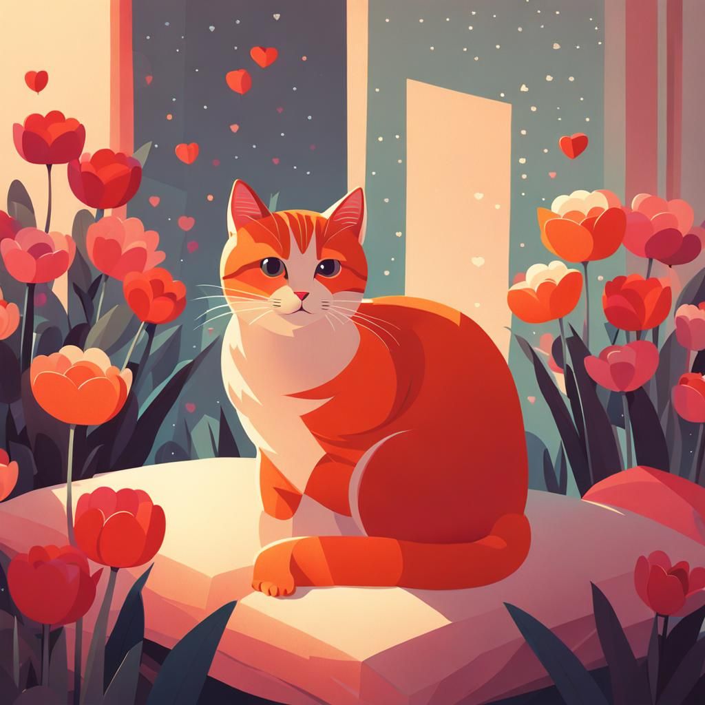 Cute Cat with Flowers in Art Deco Style