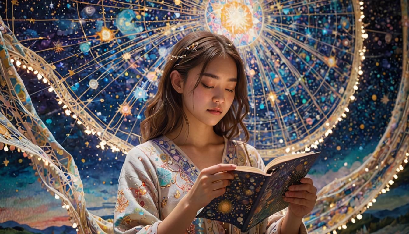 Girl Reading Star Map in Magic Realism Style