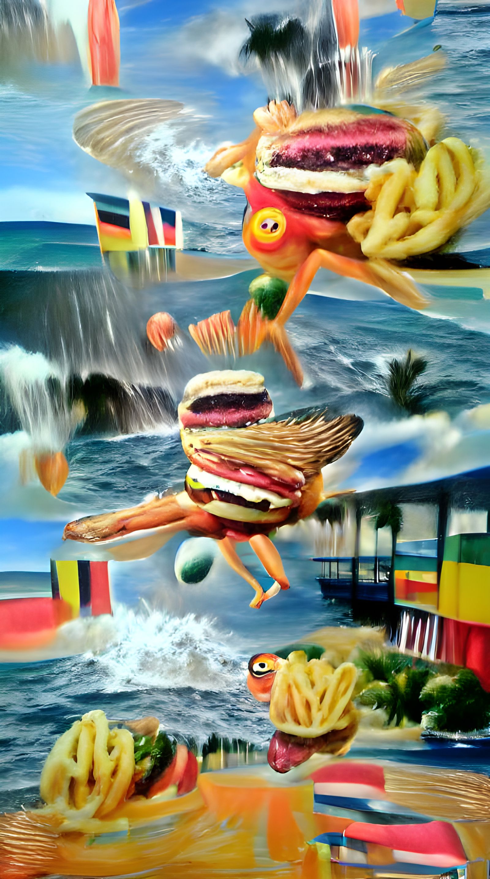 Flying Angry Hamburger in Ocean: Hyperrealistic Art