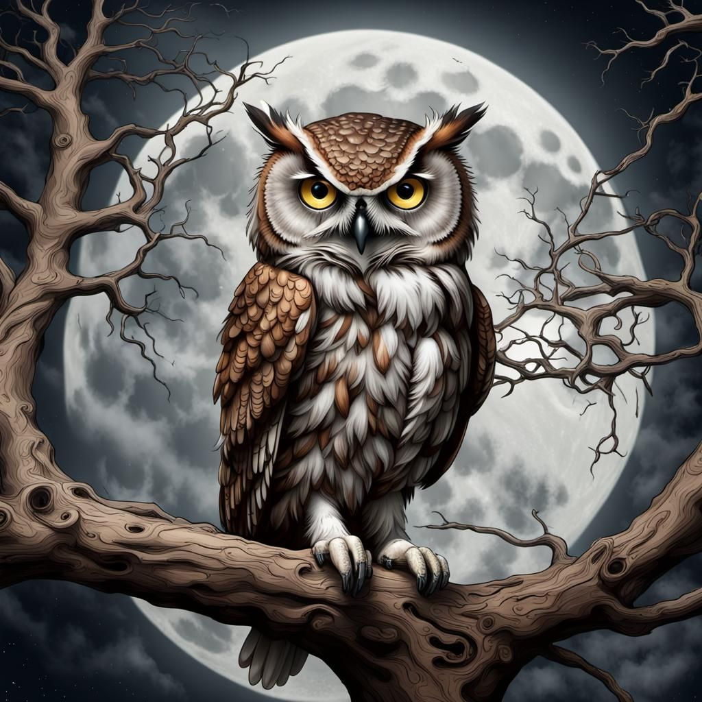 Steampunk Owl on Gnarly Tree Under Full Moon