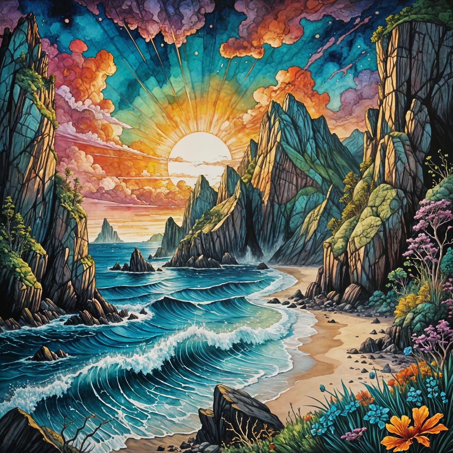 Vibrant Surreal Ocean Landscape in Intense Alcohol Ink Style