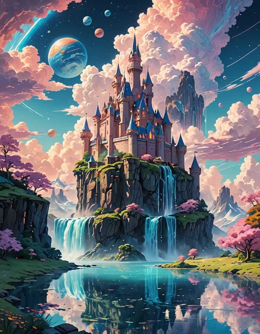 Fantasy Castle on Floating Island in Pastel Colors