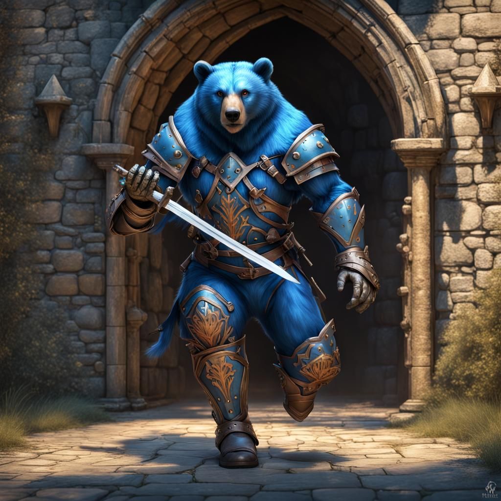 Armored Bear-Human Hybrid Running From Castle