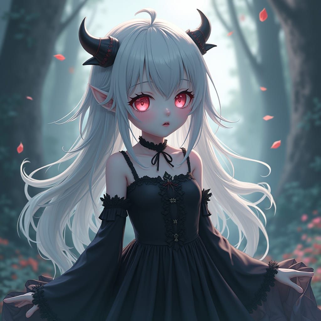 Mystical Girl in Grey and Black, with White Hair and Pink Ey...