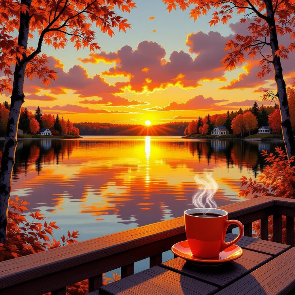 Lake House Sunset Deck in Hyper-Realistic Style