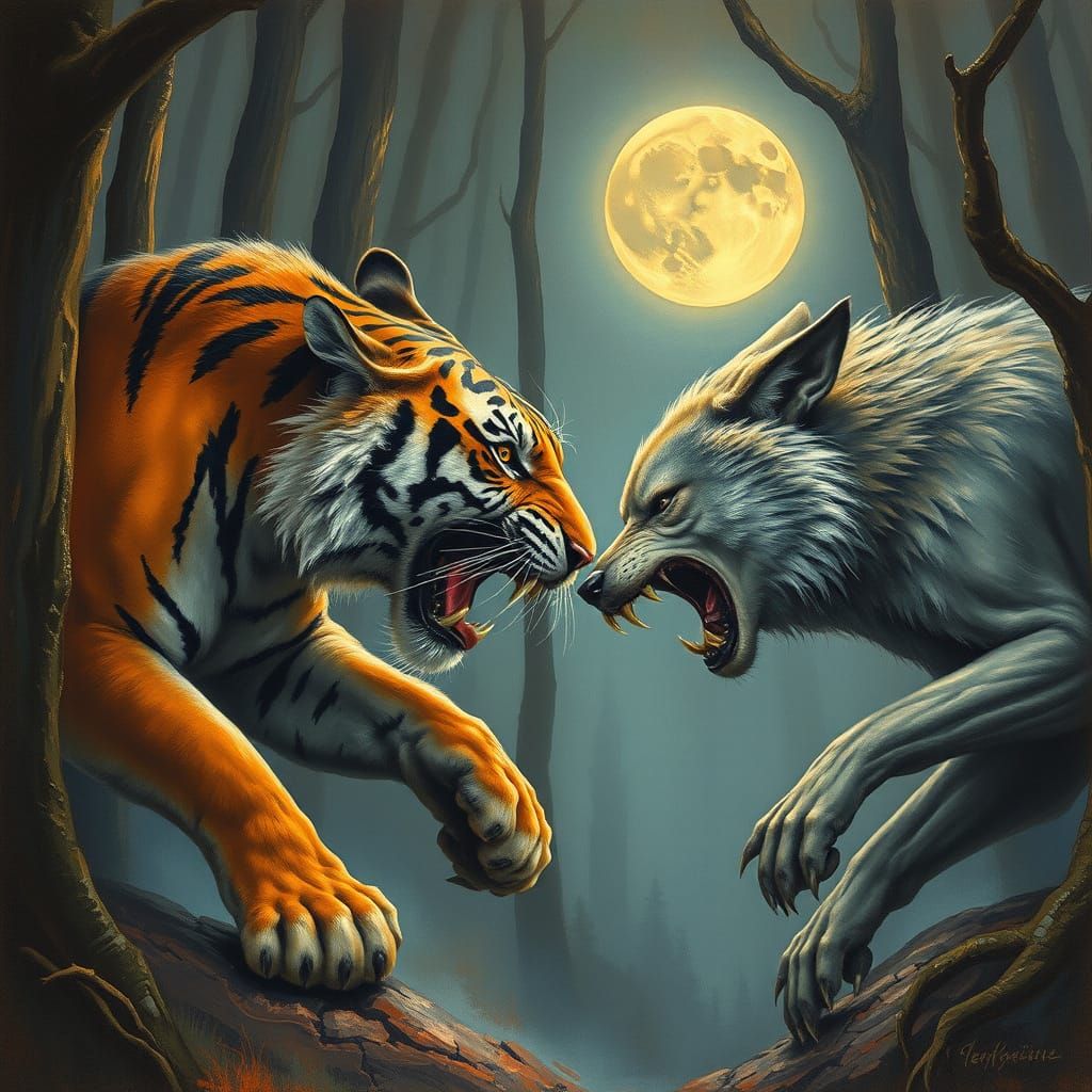 Epic Fierce Battle Between Tiger and Wolf in a Misty Moonlit...