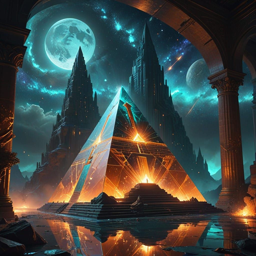 Golden Crystal Pyramid in Vibrant Galaxy with Stars and Moon