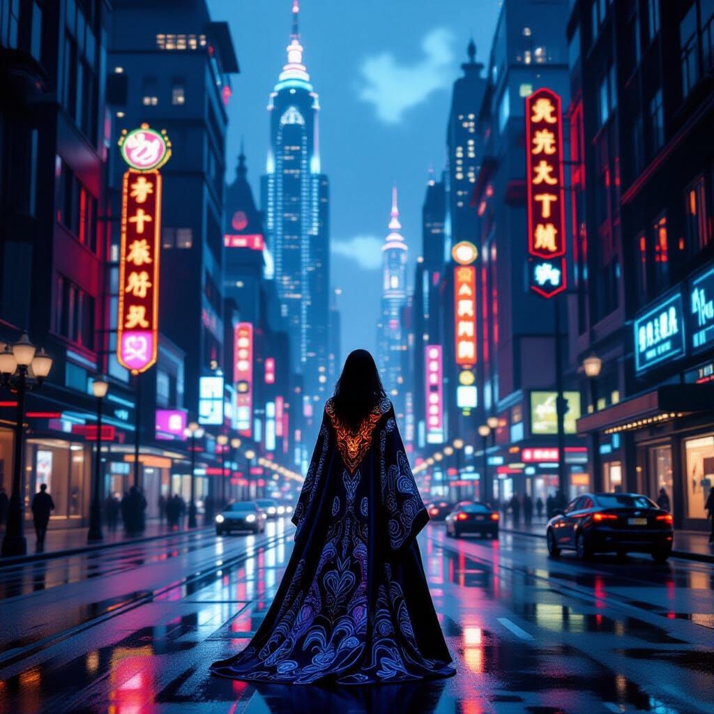 Art Deco Futuristic Cityscape at Dusk with Woman in Jugendst...