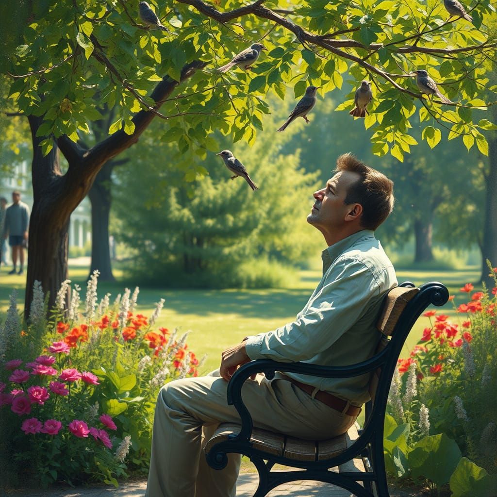 Contemplative Gentleman on a Park Bench Surrounded by Nature