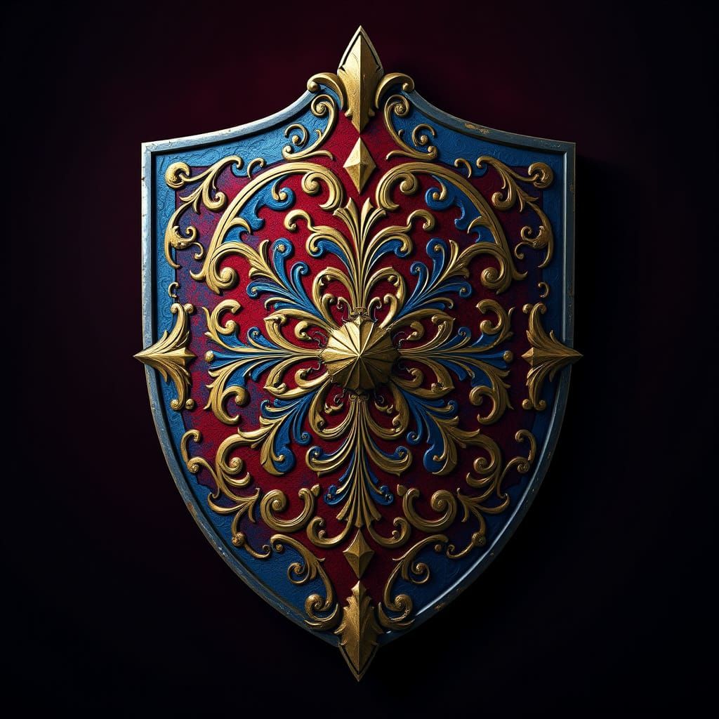 Elegant Knight's Shield with Vibrant Crest in Detailed Matte...