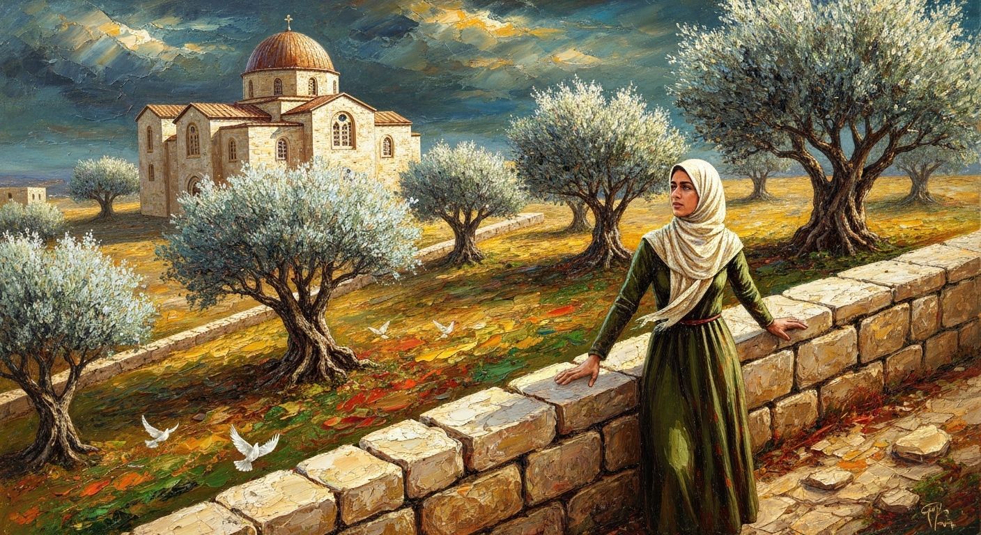 Palestinian Woman by Olive Trees as Impasto Oil Painting