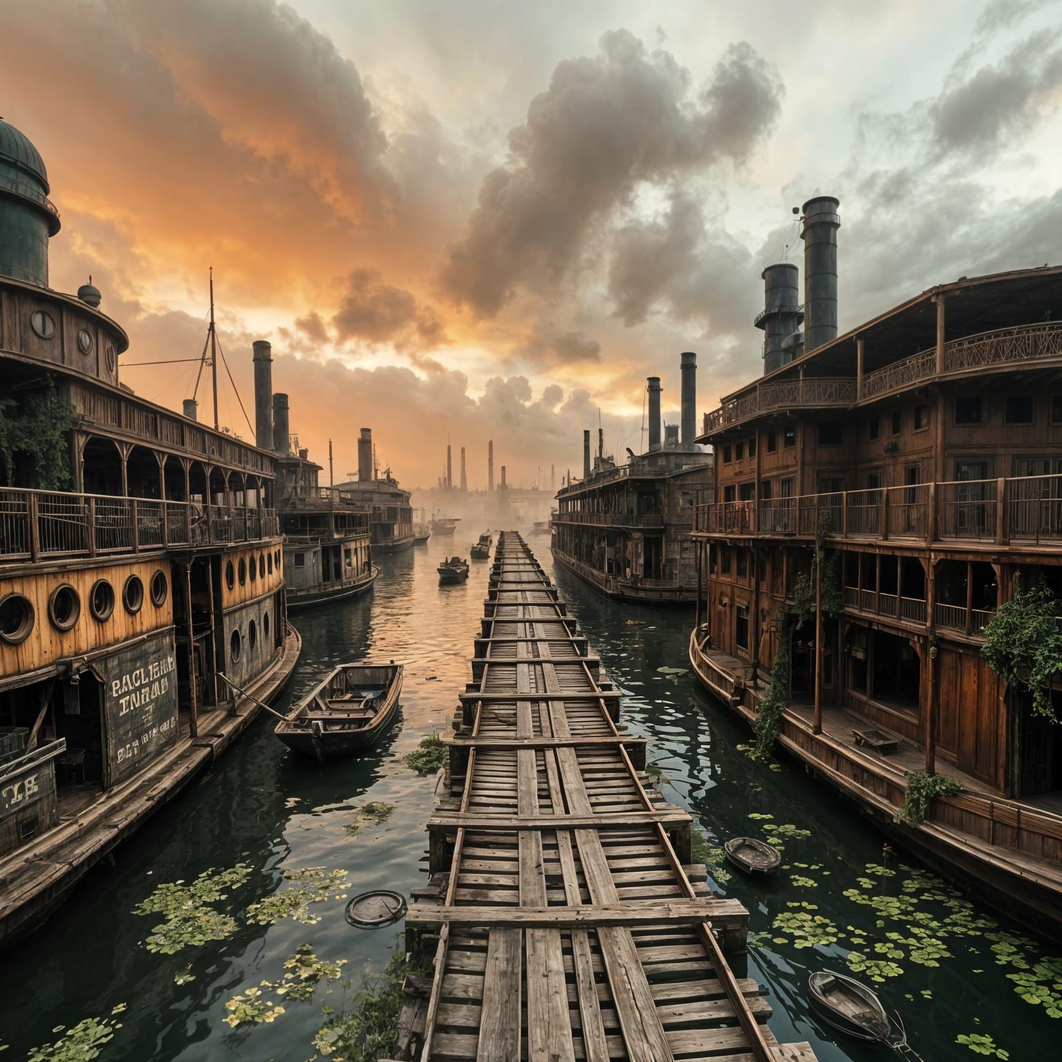 Dystopian Floating Village of Abandoned Boats in a Steampunk...