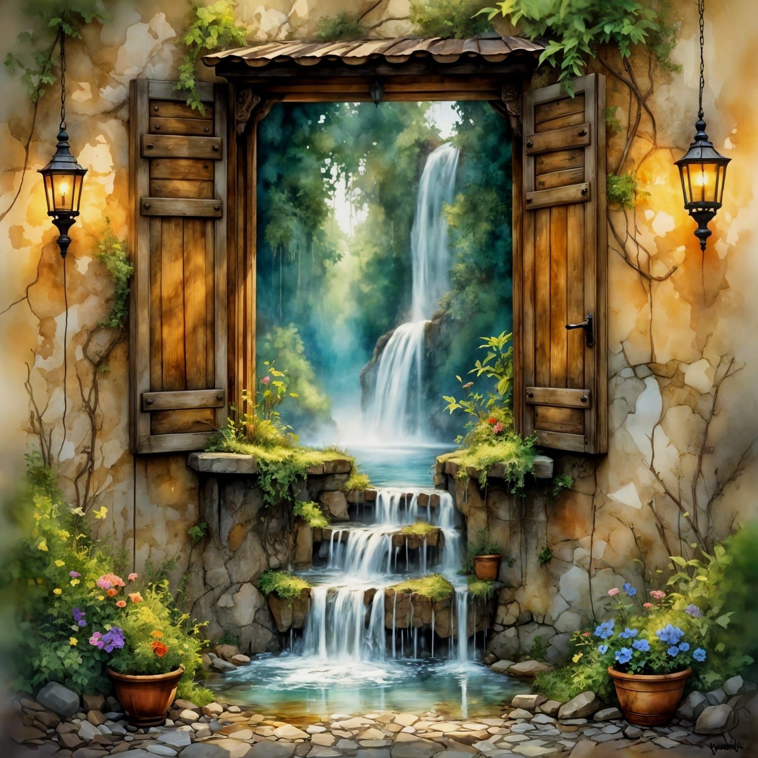 Waterfall Townhouse in Oil Painting Style