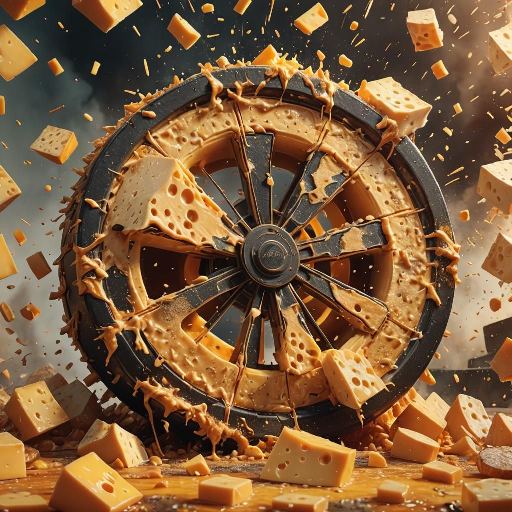 Exploding Cheese Wheel in Hyper-Realistic Detail