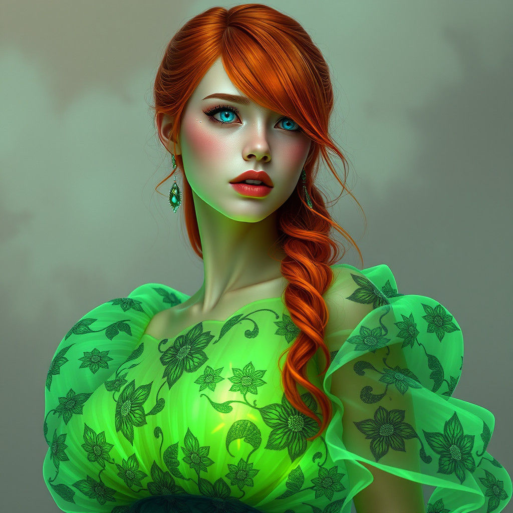 Woman in Glowing Neon Green Dress: Digital Art