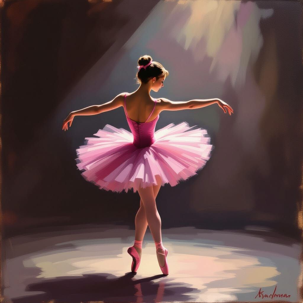 Ballerina Pirouettes on Stage in Expressive Oil Painting Sty...