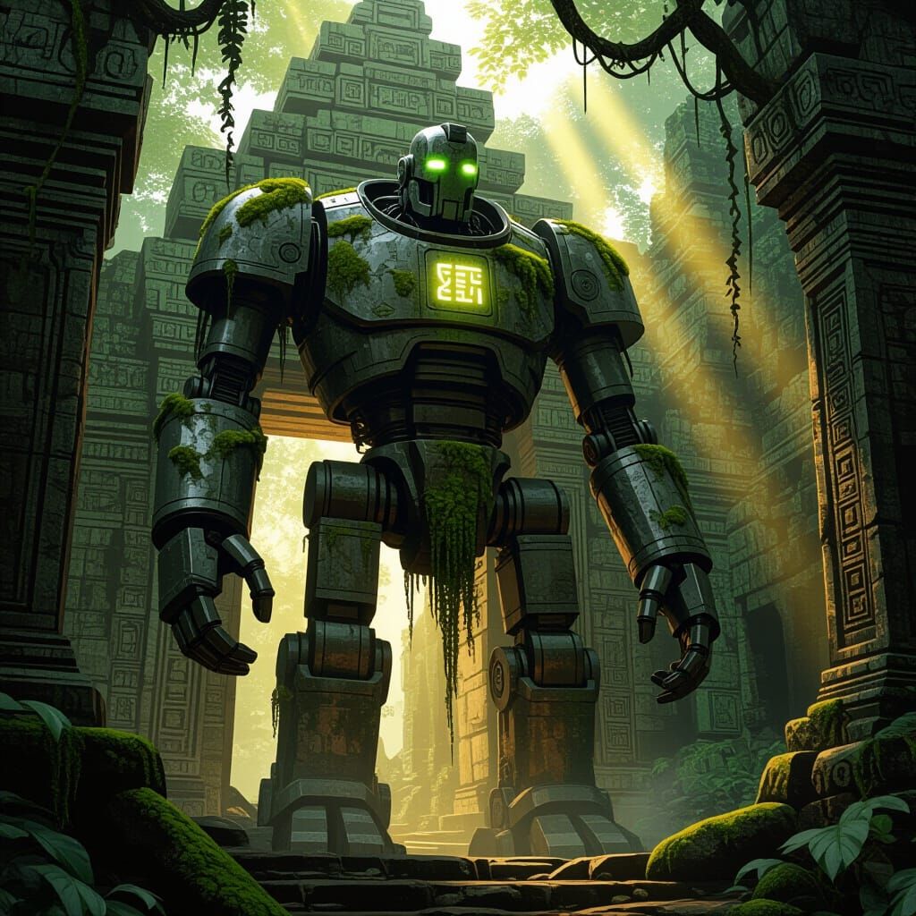 Colossal Automaton Guards Crumbling Temple in Jungle