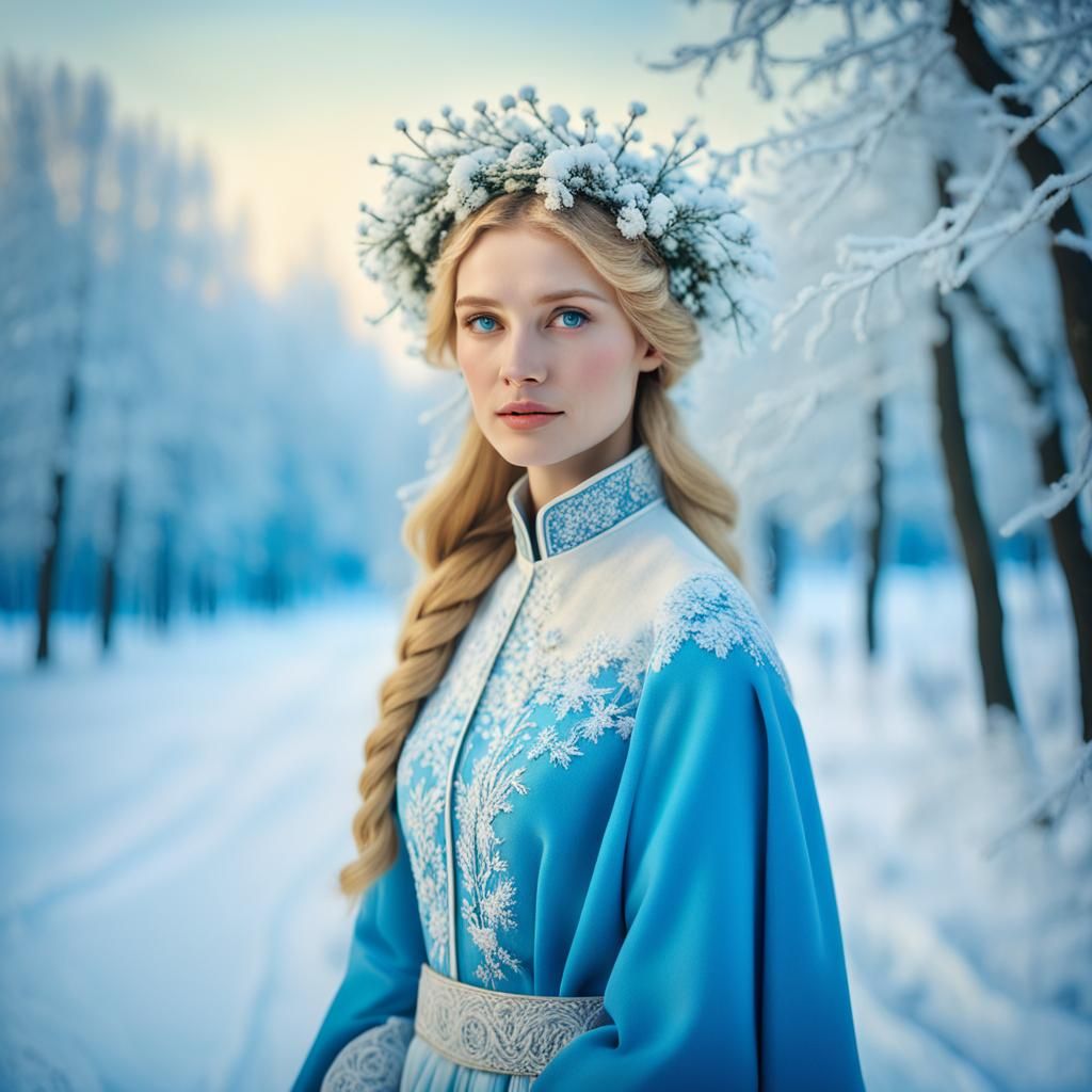 Slavic Model in Winter Wonderland: Romantic Oil Painting