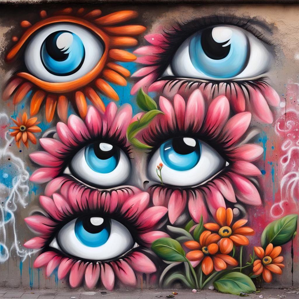Graffiti of eyes and flowers on a wall