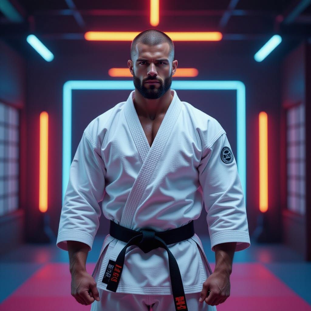 Bodybuilder in Neon Dojo: Hyperrealistic Photography