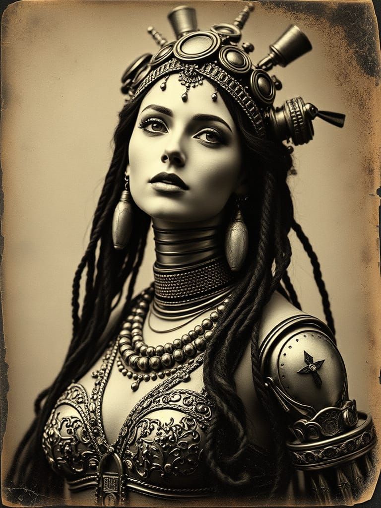 Steampunk Gypsy Android Portrait in Distressed Black and Whi...