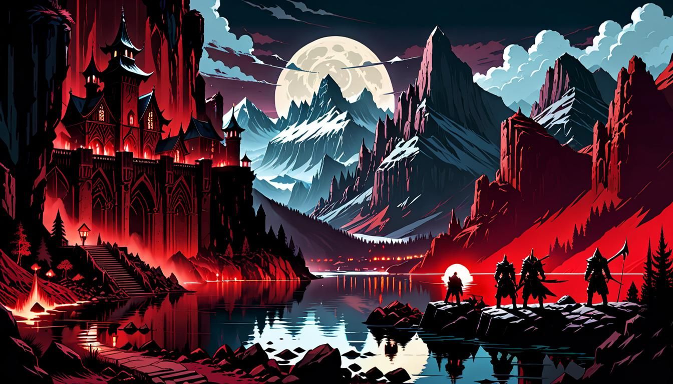 Crimson Abyss: Red Rock Mountain Town at Night