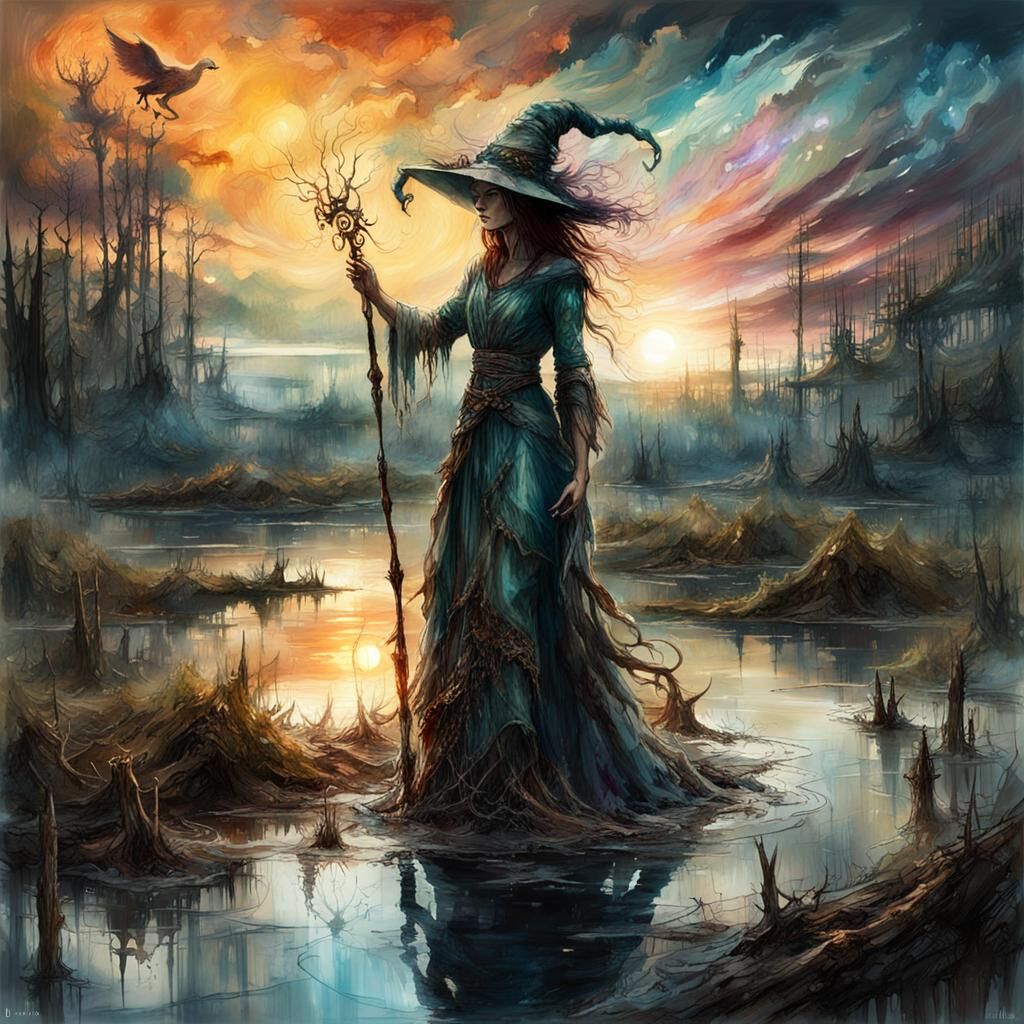 Swamp Witch Casting Spell at Sunset, Watercolor Art