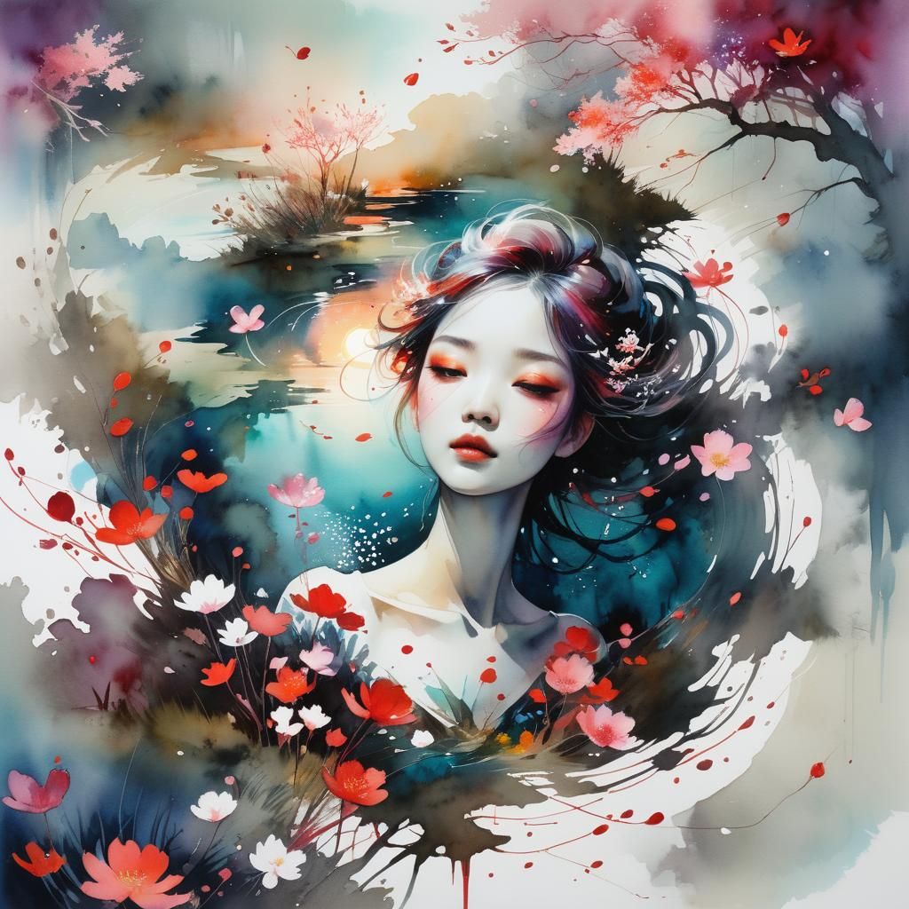 Dreamy Lake Glade at Night in Watercolor Art