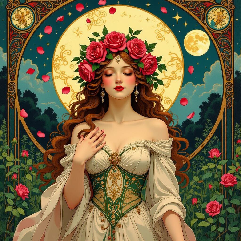 Goddess with Roses and Celestial Landscape in Art Nouveau St...
