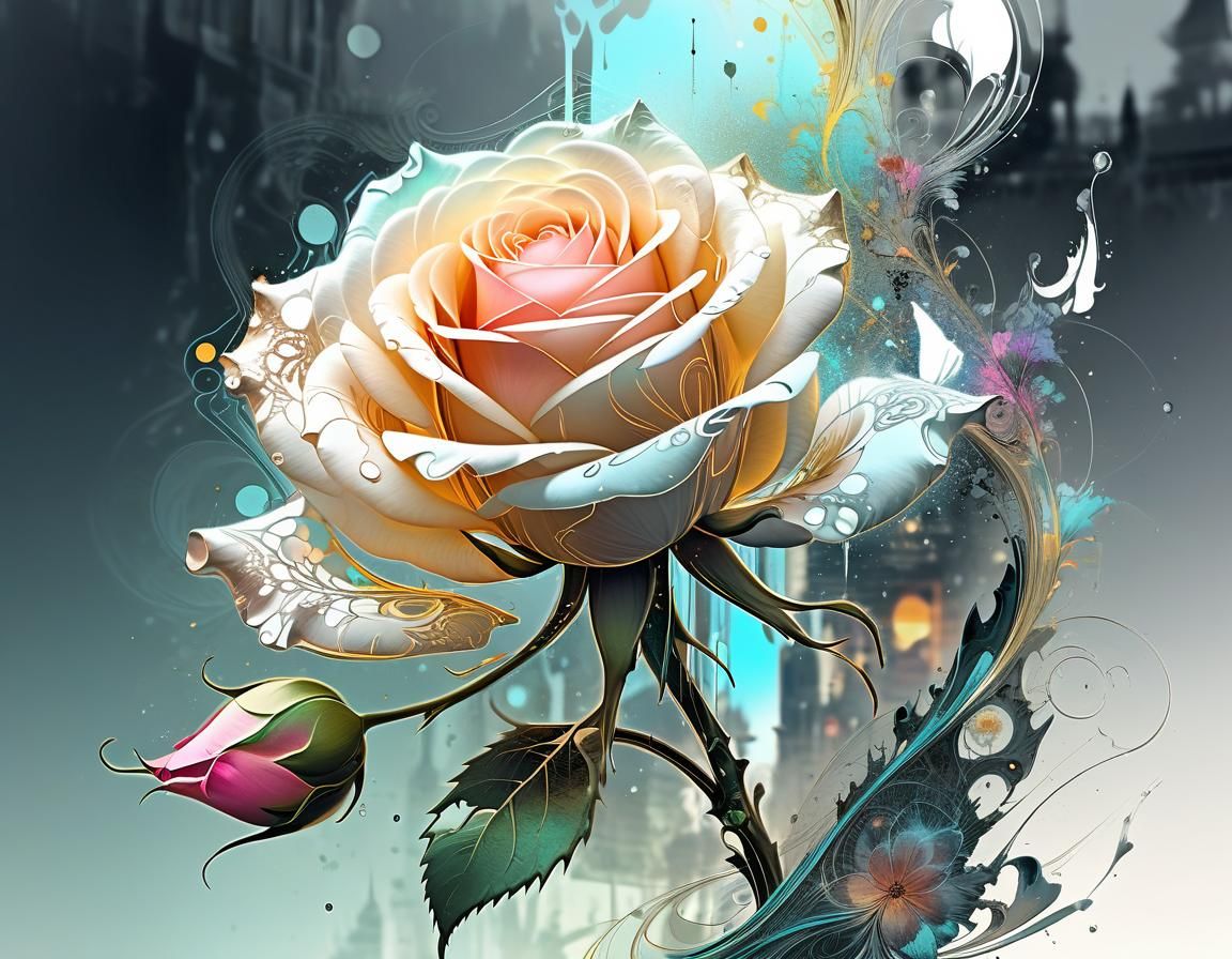 Filigree Fractal Rose in Pastel Ink Style