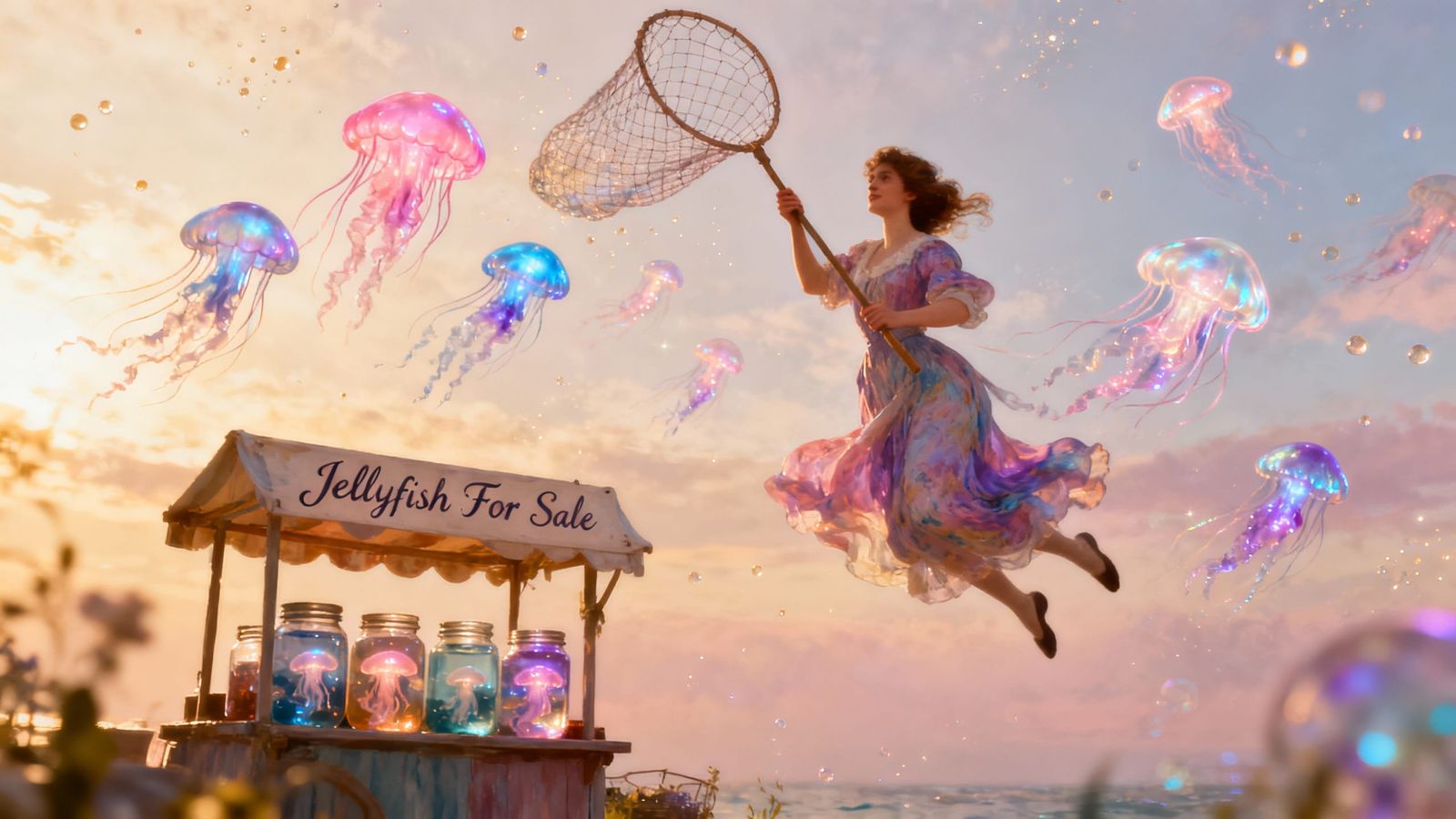 Whimsical Woman Catches Flying Jellyfish in Market