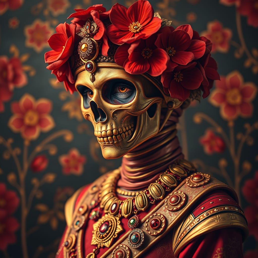 Crimson Gold Mummy Woman in Escher Style Egyptian Architectu...