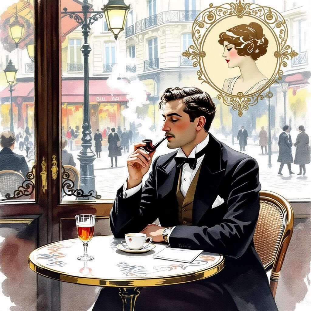 Pensive Man in Parisian Cafe: Watercolor Art