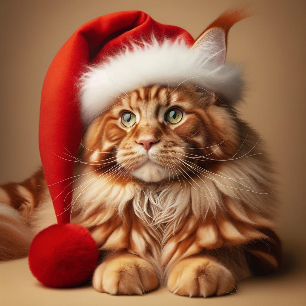 Maine Coon Cat in Santa Hat