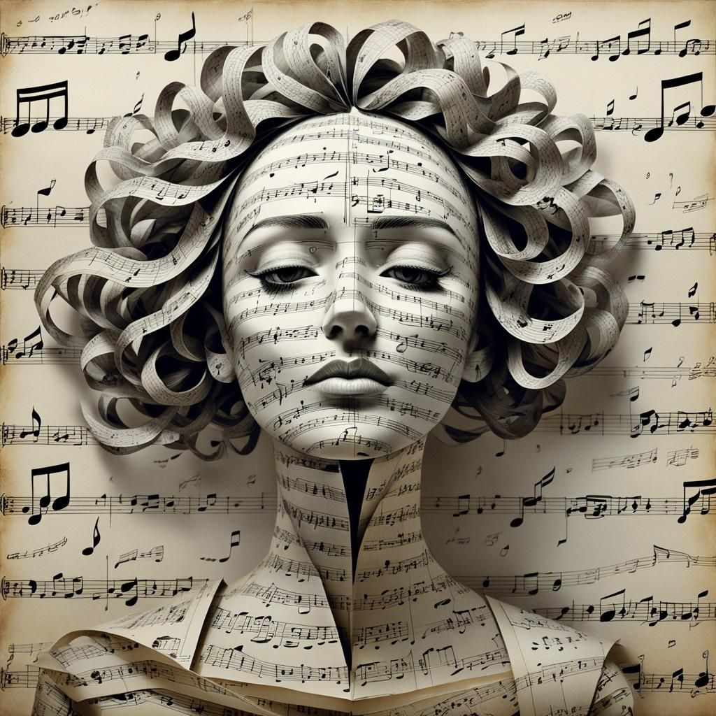 Singer constructed of musical note-patterned paper