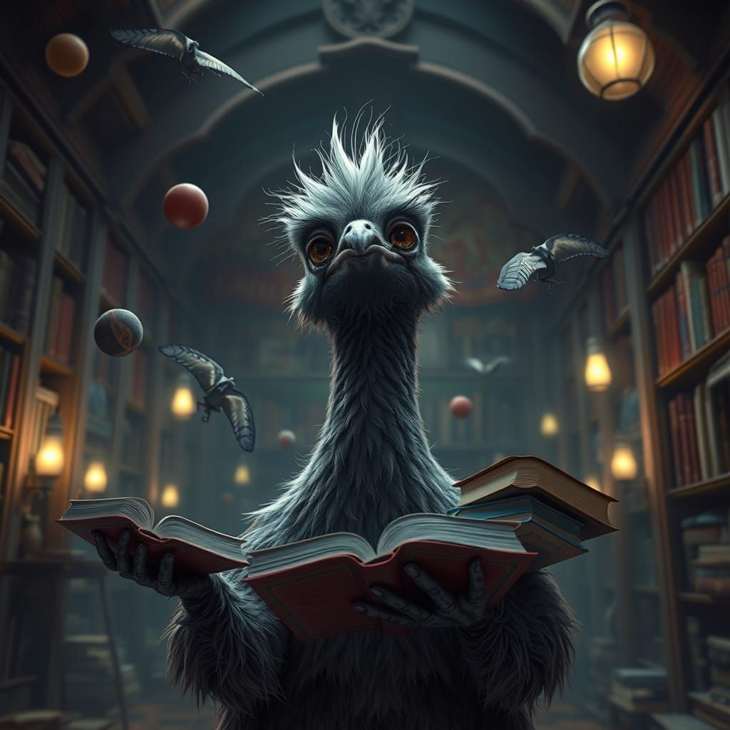 Crying Emu Juggling Books in a Library