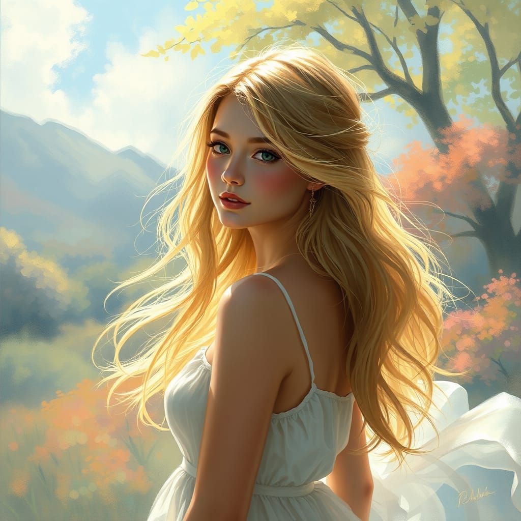 A serene portrait of a young woman with golden hair, surrounded by a vibrant, impressionistic landscape. Soft colors and...