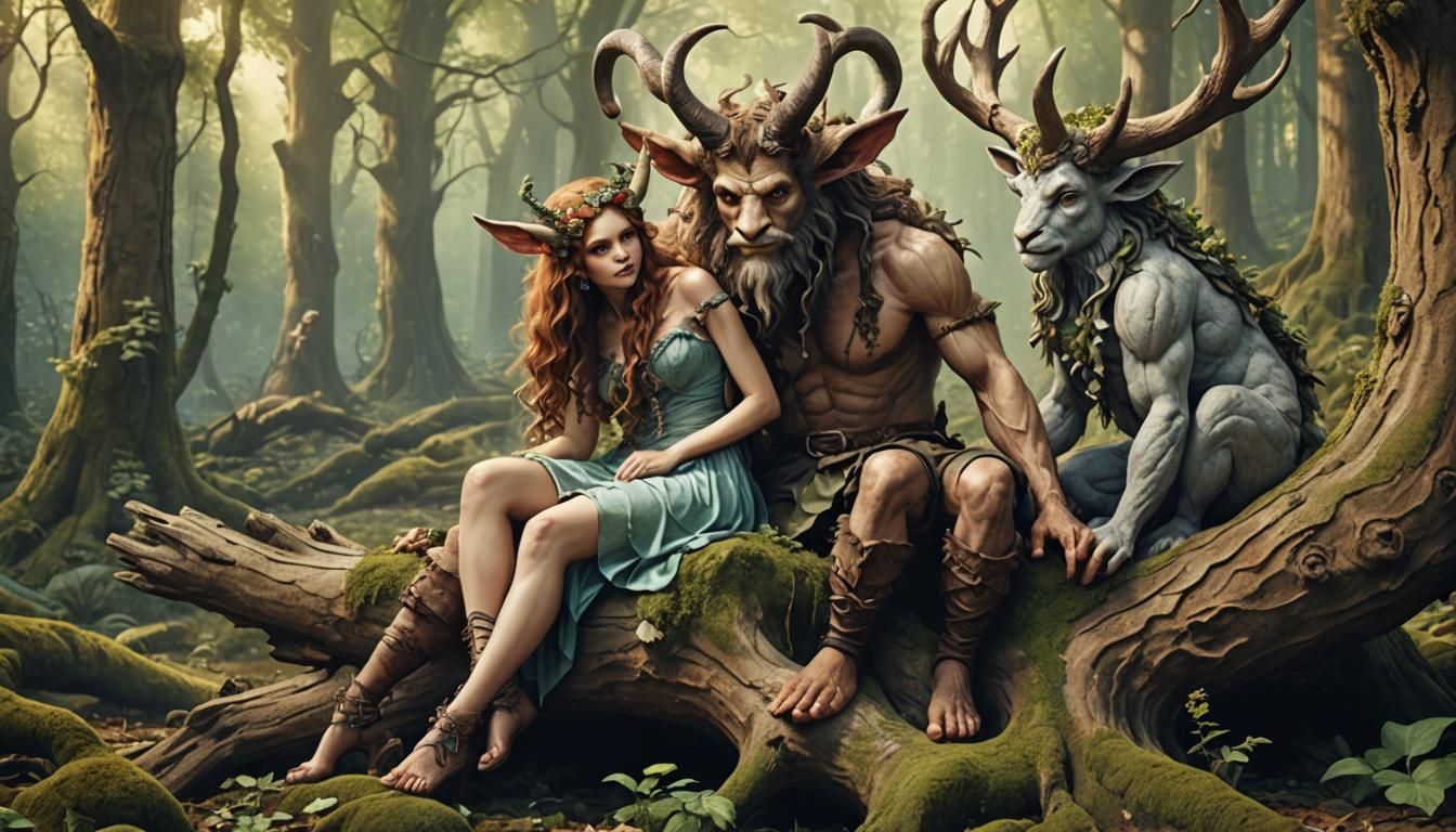 Satyr and Nymph in Enchanted Forest
