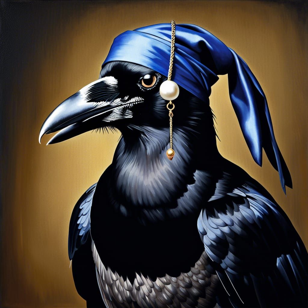 Crow with Pearl Earring in Baroque Style