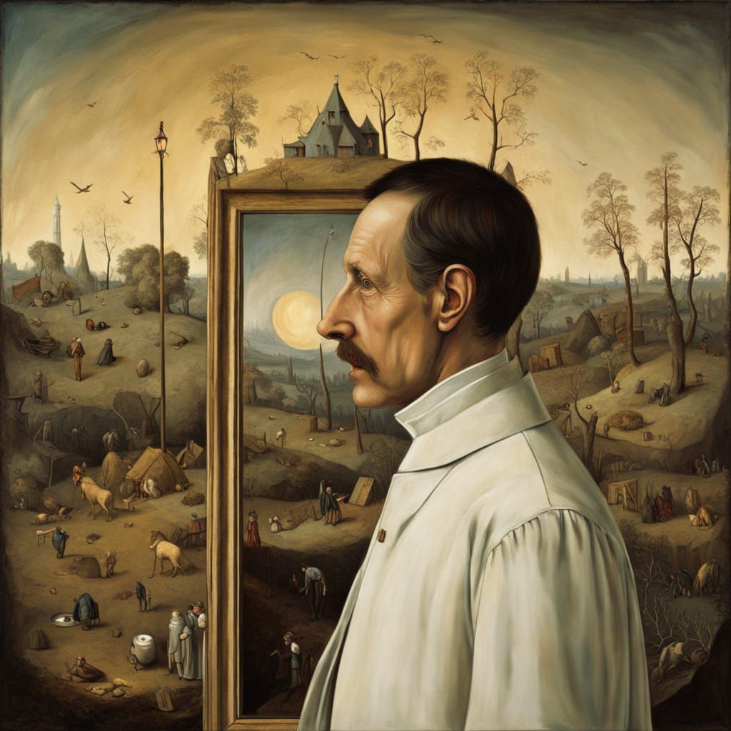 Scientist's Surreal Reflection: Medieval Peasant, Oil Painti...